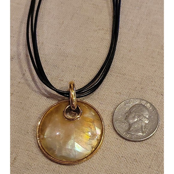 Lia Sophia Mother of Pearl MOP Golden Iridescent Disk Pendant Necklace - Picture 6 of 6